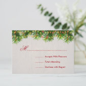Rustige kerstbruiloft RSVP-boomlampjes en lint RSVP Kaartje (Staand voorkant)