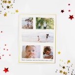 Rustige kerstfamilie Foto Collage Gold Foil Folie Feestdagen Briefkaart<br><div class="desc">Deze eenvoudige en elegante familiefoto met gouden folie Merry-kerstkaart biedt een plek voor je om je namen toe te voegen, en een bericht op de voor- en achterkant in mooie typografie. Er is ook ruimte voor u om uw eigen fotomontage (met ruimte voor vijf foto's) toe te voegen. De achterzijde...</div>