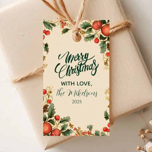 Rustige Kerstfeest met Hulst en Granaatappel Cadeaulabel