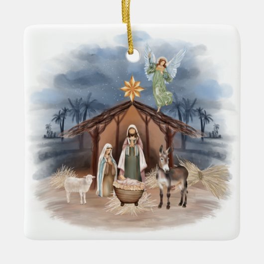 Rustige kerstfeestelijke Waterverf Nativiteit Keramisch Ornament (Voorkant)