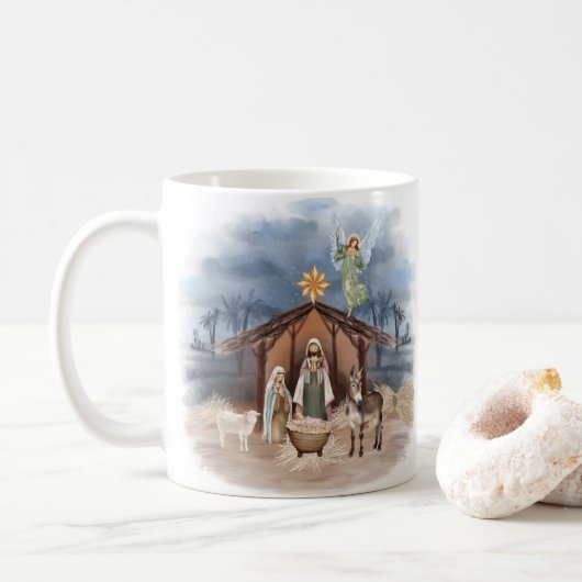 Rustige kerstfeestelijke Waterverf Nativiteit Koffiemok (Met donut)