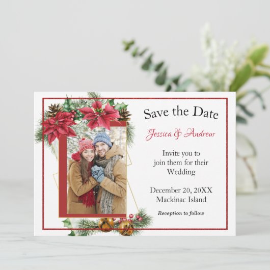 Rustige kerstfoto Save the Date (Staand voorkant)