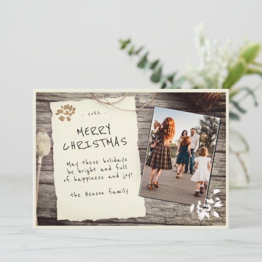 Rustige kerstfoto's met oud papier met oud hout feestdagenkaart (Staand voorkant)