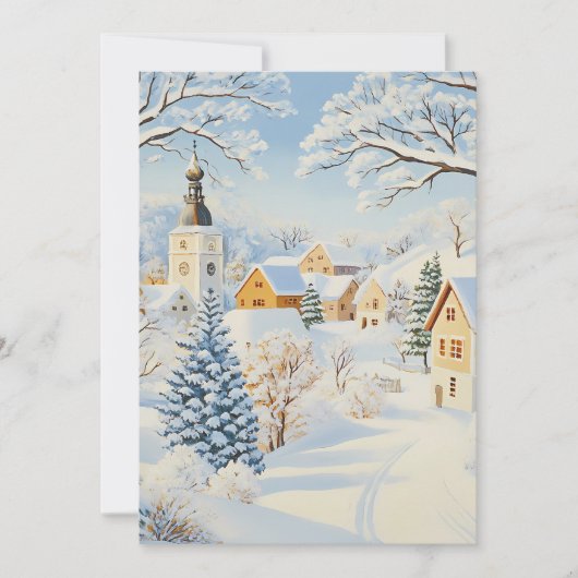 Rustige Kerstkaart van een Besneeuwd Dorp (Voorkant)
