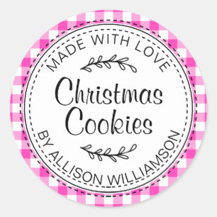 Rustige kerstkoekjes Neon Pink check Ronde Sticker