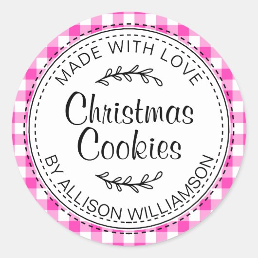 Rustige kerstkoekjes Neon Pink check Ronde Sticker (Voorkant)