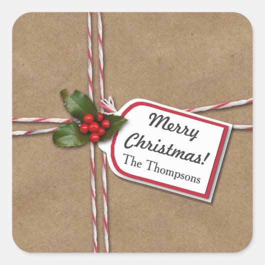 Rustige kerstkraft paper Holly Merry Kerstmis Vierkante Sticker (Voorkant)