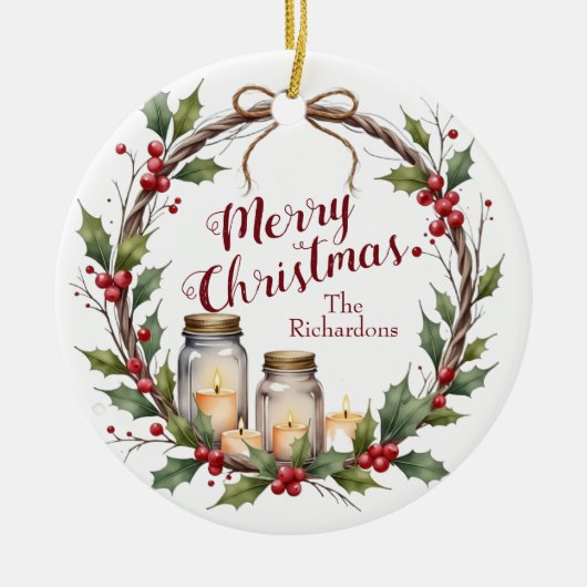 Rustige Kerstkrans met Hulst Keramisch Ornament (Voorkant)