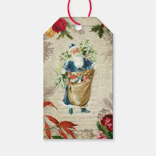 Rustige  Kerstman met bloemen, pine en muziek Cadeaulabel (Voorkant)