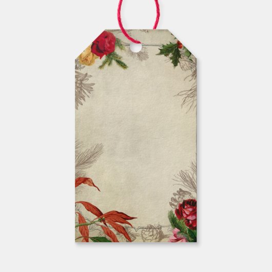 Rustige  Kerstman met bloemen, pine en muziek Cadeaulabel (Achterkant)