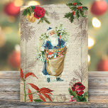 Rustige  Kerstman met bloemen, pine en muziek Feestdagen Kaart<br><div class="desc">Jolly blue-robed Vader Kerstmis op een achtergrond van muziek en script met gegraveerde rustic birch twig border,  gegraveerde pijnbomen,  rozen,  poinsettia en heilig op de ondergrond van noodlijdende sepia.</div>