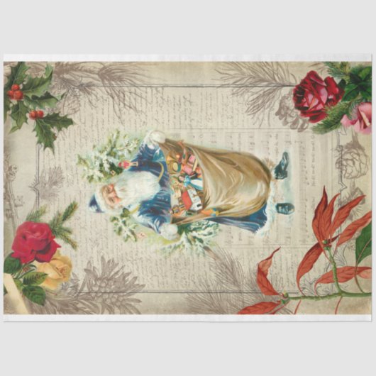 Rustige  Kerstman met bloemen, pine en muziek Tissuepapier (Voorkant)