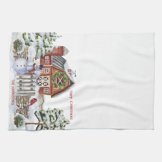 Rustige kerstman, Scene Snowman, sneeuw, vogel Theedoek (Horizontaal)