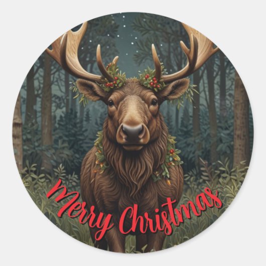 Rustige Kerstmis eland hert boho bos boslandschap Ronde Sticker (Voorkant)