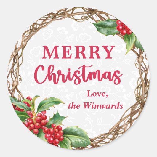Rustige Kerstmis Hulst Bessen Winter Krans Ronde Sticker (Voorkant)