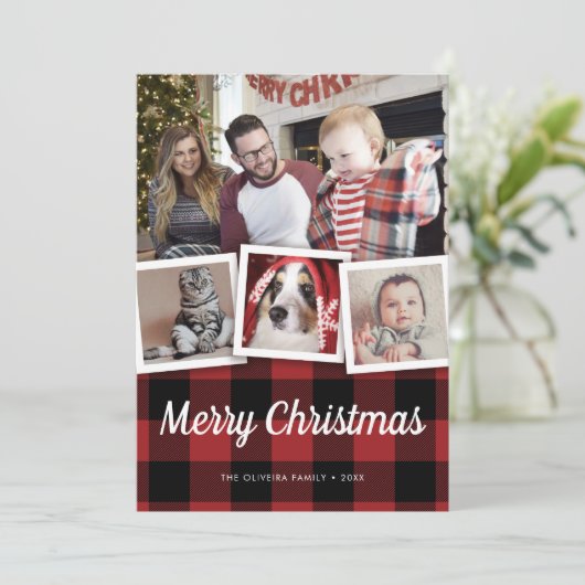 Rustige Kerstmis Red Buffalo Pset Check 4 Foto Feestdagenkaart (Staand voorkant)