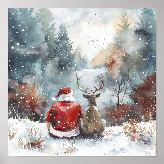 Rustige Kerstnacht – Kerstman en Rendier Winter Poster (Voorkant)