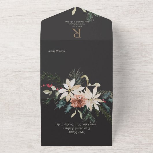 Rustige kerstpine Black Dinner All In One Uitnodiging (Buitenkant)