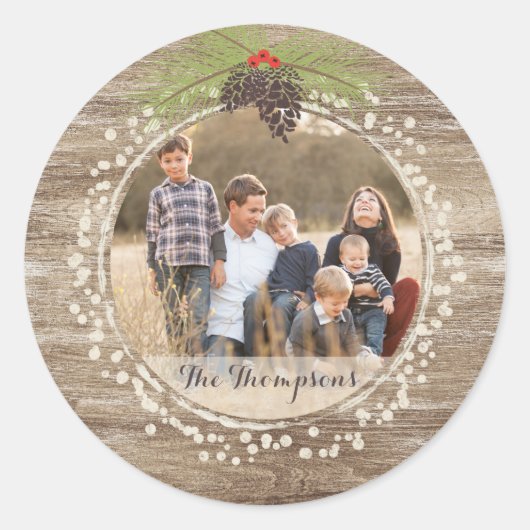 Rustige kerstpine Branch & Berries - Houtfoto Ronde Sticker (Voorkant)