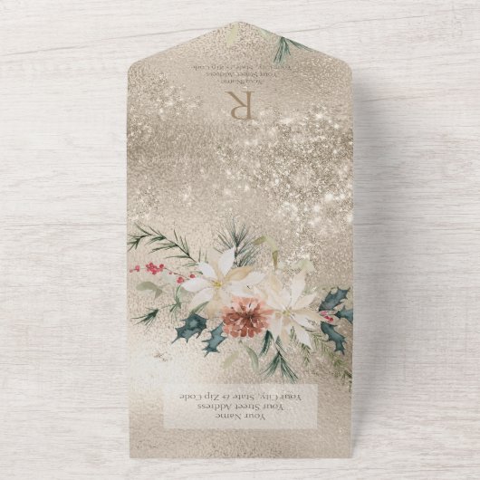 Rustige kerstpine Gold Dinner All In One Uitnodiging (Buitenkant)