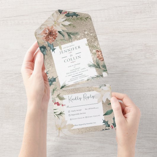 Rustige kerstpine Gold Dinner All In One Uitnodiging (Afscheurbaar)