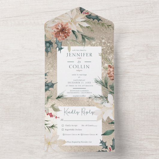 Rustige kerstpine Gold Dinner All In One Uitnodiging (Binnen)