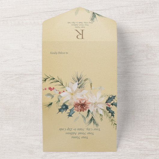 Rustige kerstpine Gold Dinner All In One Uitnodiging (Buitenkant)