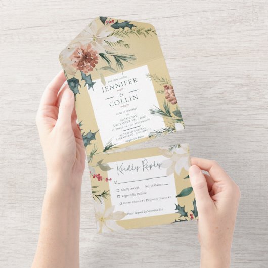 Rustige kerstpine Gold Dinner All In One Uitnodiging (Afscheurbaar)