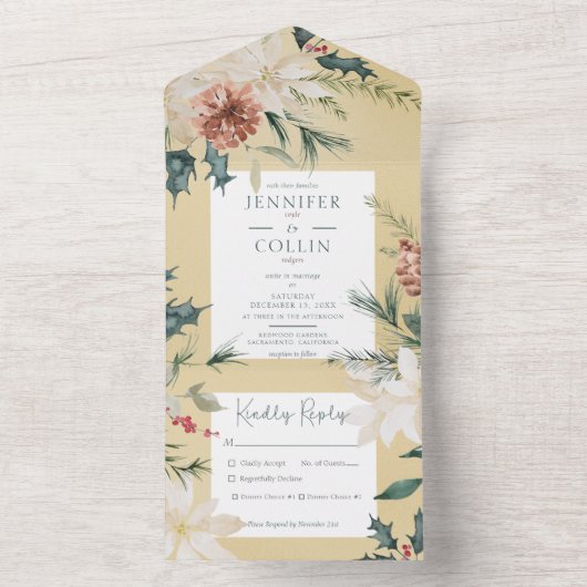 Rustige kerstpine Gold Dinner All In One Uitnodiging (Binnen)