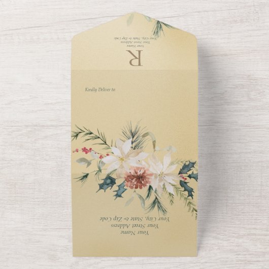 Rustige kerstpine Gold QR-code All In One Uitnodiging (Buitenkant)