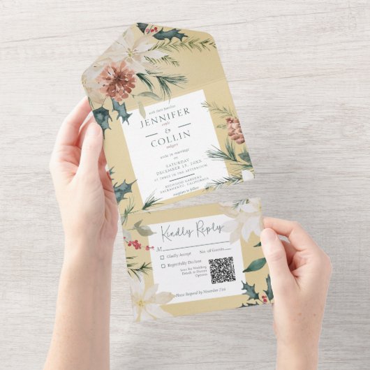 Rustige kerstpine Gold QR-code All In One Uitnodiging (Afscheurbaar)