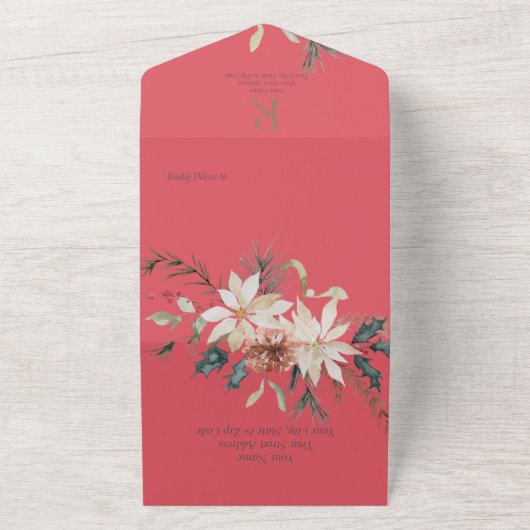 Rustige kerstpine rood diner all in one uitnodiging (Buitenkant)