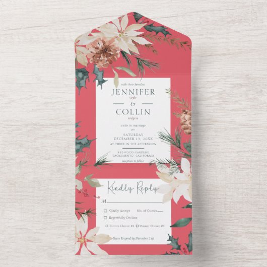 Rustige kerstpine rood diner all in one uitnodiging (Binnen)