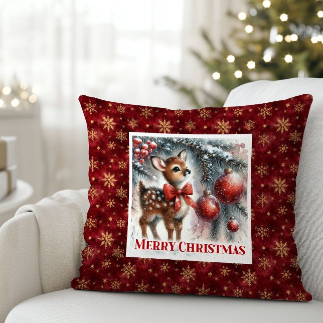 Rustige kerstscene baby ree kerst kussen  (Calm Christmas scene baby fawn Christmas pillow (50))