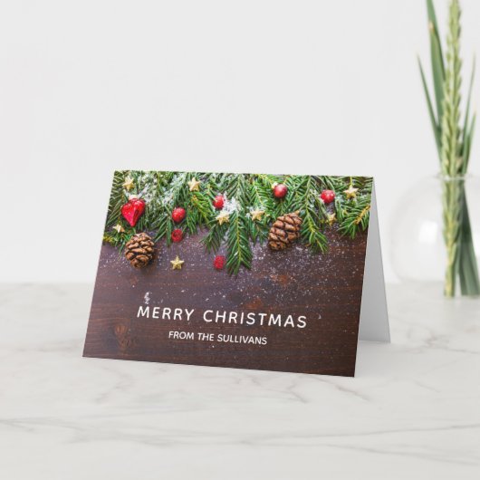 Rustige Kersttafel met Dennen & Sneeuw Kerstmis Kaart (Voorkant)