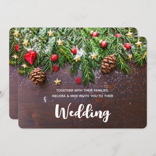 Rustige kersttafel met pine- en sneeuwweddenschap kaart (Voorkant / Achterkant)