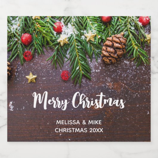 Rustige kersttafel met pine- en sneeuwwijn likeurfles etiket (Enkel label)