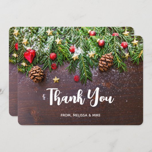 Rustige kersttafel met pine & sneeuw Dank u Bedankkaart (Voorkant / Achterkant)