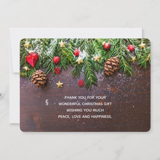 Rustige kersttafel met pine & sneeuw Dank u Bedankkaart (Achterkant)