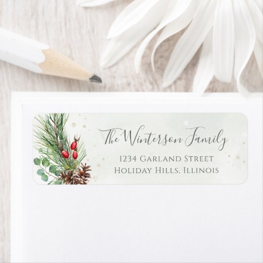 Rustige kerstwinter Botanische Greenery Etiket (Insitu)