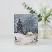 Rustige kerstwinter nachtsneeuwkabin Deer Feestdagenkaart (Staand voorkant)