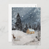 Rustige kerstwinter nachtsneeuwkabin Deer Feestdagenkaart (Voorkant / Achterkant)