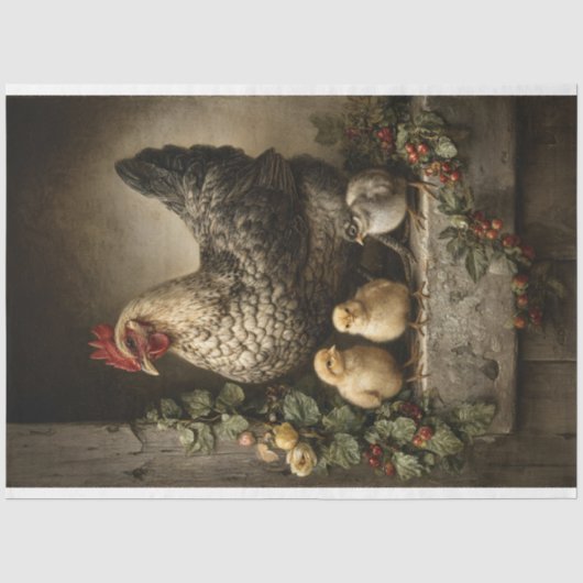 Rustige Kip Hen Met Kuikens Decoupage Tissuepapier (Voorkant)
