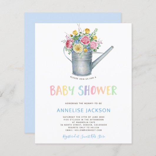 Rustige, kleurrijke baby BUDGET douche nodig (Voorkant / Achterkant)