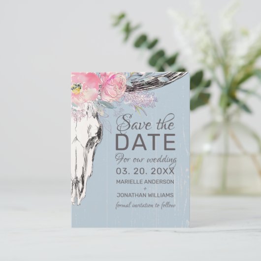 Rustige Koe Boho Blush Floral Save the Date Aankondigingskaart (Staand voorkant)