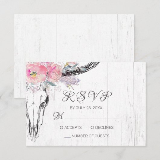 Rustige Koe Boho Floral Blush Pink Waterverf RSVP Kaartje (Voorkant / Achterkant)