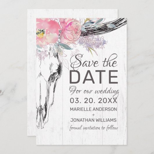 Rustige Koe Boho Floral Blush Pink Waterverf Save The Date (Voorkant / Achterkant)