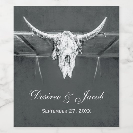 Rustige kolen Grijs Westerne textuur Bull Skull Wijn Etiket (Enkel label)