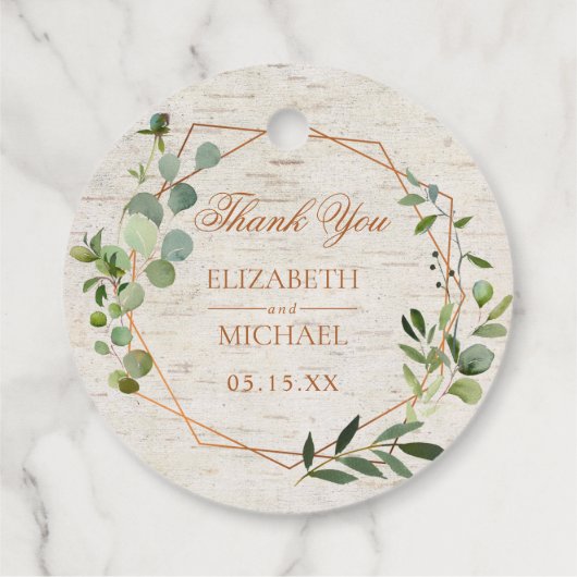 Rustige koperen Geometrische Eucalyptus Birch Wedd Bedankjes Labels (Achterkant)