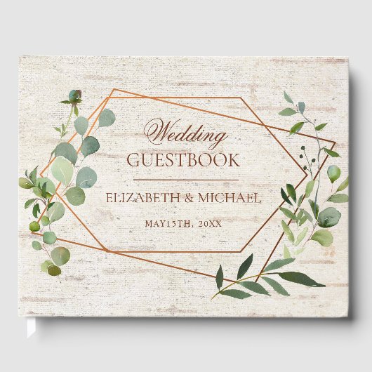 Rustige koperen Geometrische Eucalyptus Birch Wedd Gastenboek (Voorkant)